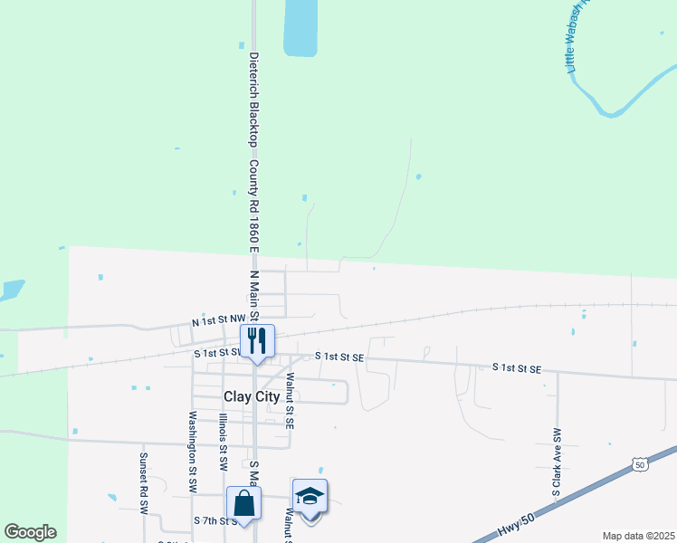 map of restaurants, bars, coffee shops, grocery stores, and more near 344 North 3rd Street Northeast in Clay City
