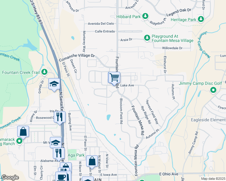 map of restaurants, bars, coffee shops, grocery stores, and more near 500 Hadley Street in Fountain