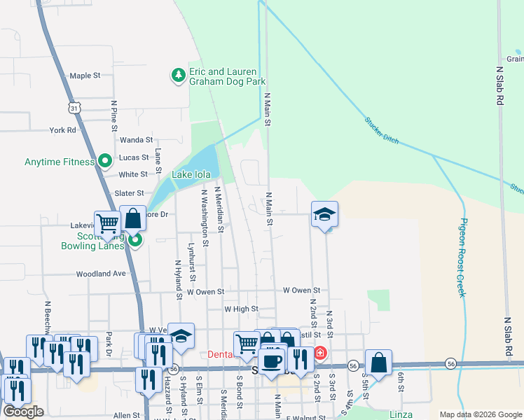 map of restaurants, bars, coffee shops, grocery stores, and more near 22 Vintage Circle in Scottsburg