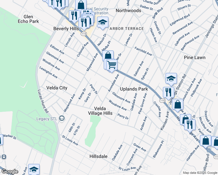 map of restaurants, bars, coffee shops, grocery stores, and more near 3505 Avondale Avenue in St. Louis
