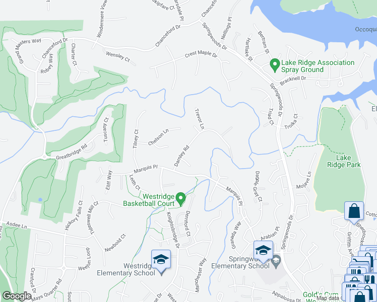 map of restaurants, bars, coffee shops, grocery stores, and more near 12157 Darnley Road in Woodbridge