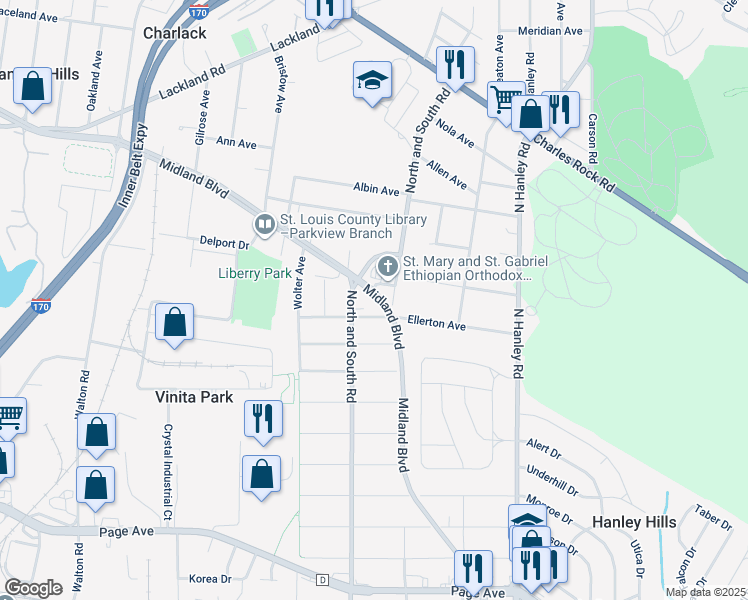map of restaurants, bars, coffee shops, grocery stores, and more near 2221 Northbury Lane in St. Louis