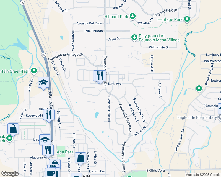 map of restaurants, bars, coffee shops, grocery stores, and more near 709 Blossom Field Road in Fountain
