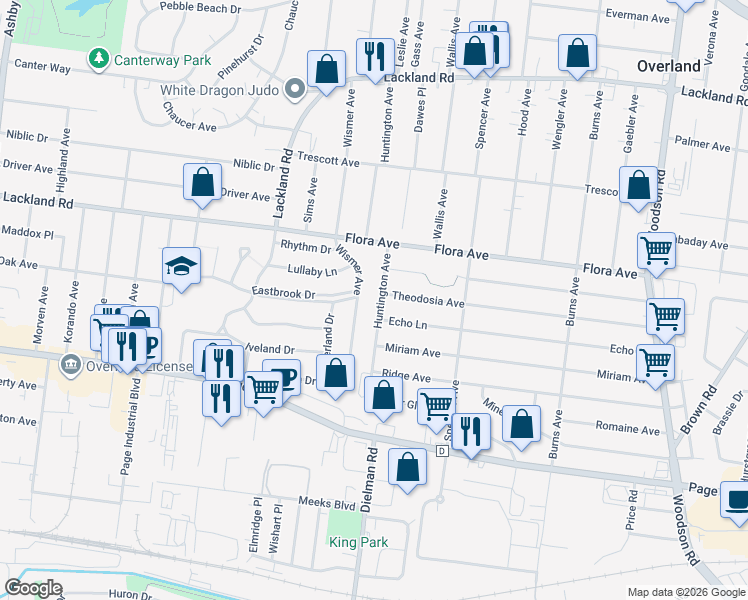 map of restaurants, bars, coffee shops, grocery stores, and more near 2107 Huntington Avenue in Overland