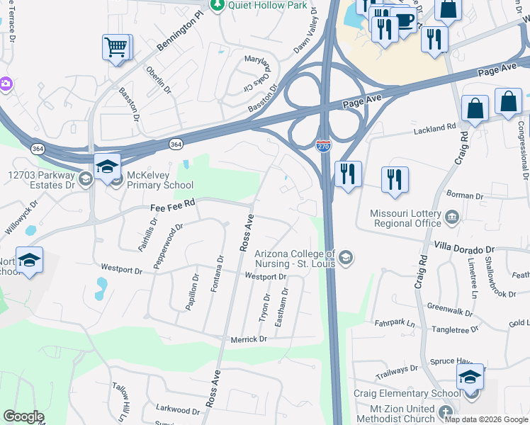 map of restaurants, bars, coffee shops, grocery stores, and more near 1847 Boulder Springs Drive in St. Louis