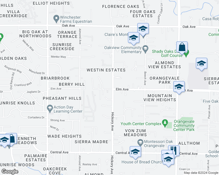 map of restaurants, bars, coffee shops, grocery stores, and more near 8689 Elm Avenue in Orangevale
