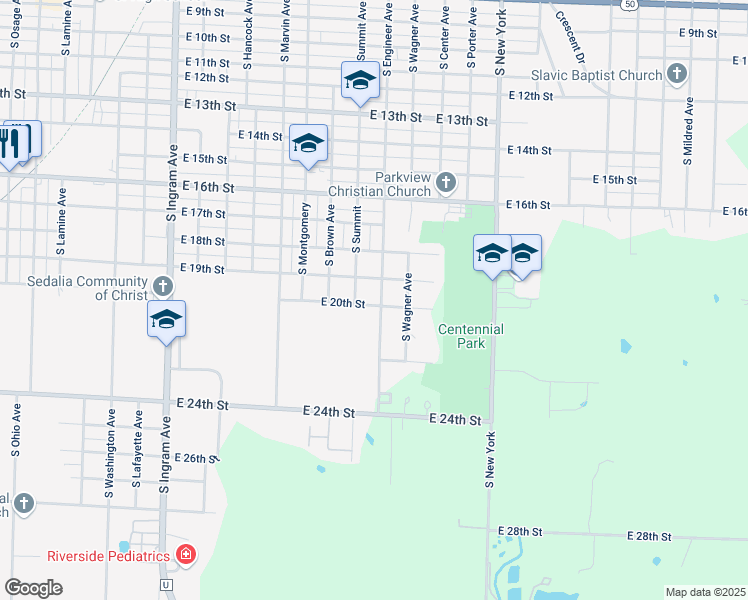 map of restaurants, bars, coffee shops, grocery stores, and more near 1100-1198 East 19th Street in Sedalia