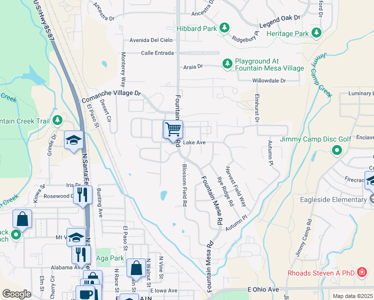 map of restaurants, bars, coffee shops, grocery stores, and more near 709 Blossom Field Road in Fountain
