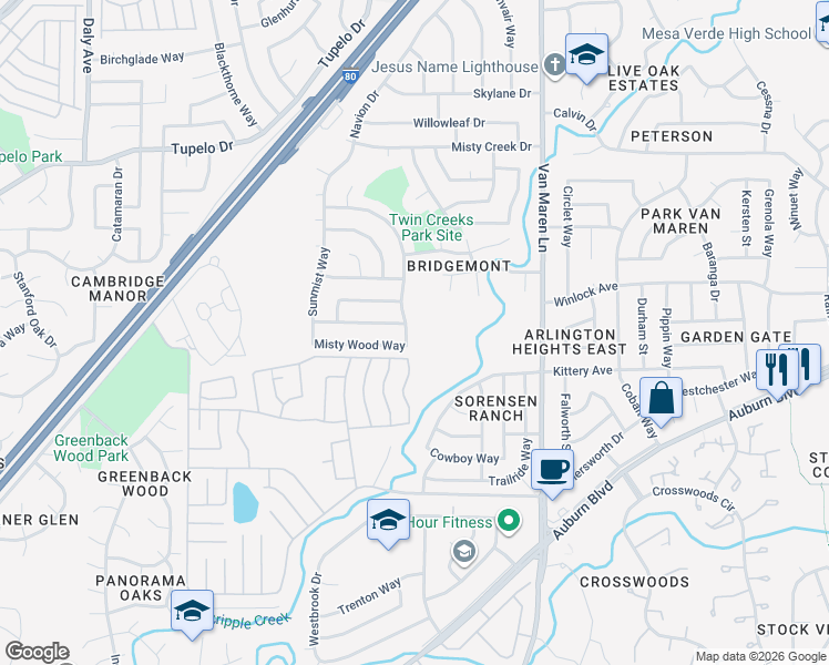 map of restaurants, bars, coffee shops, grocery stores, and more near 6924 Sunburst Way in Citrus Heights