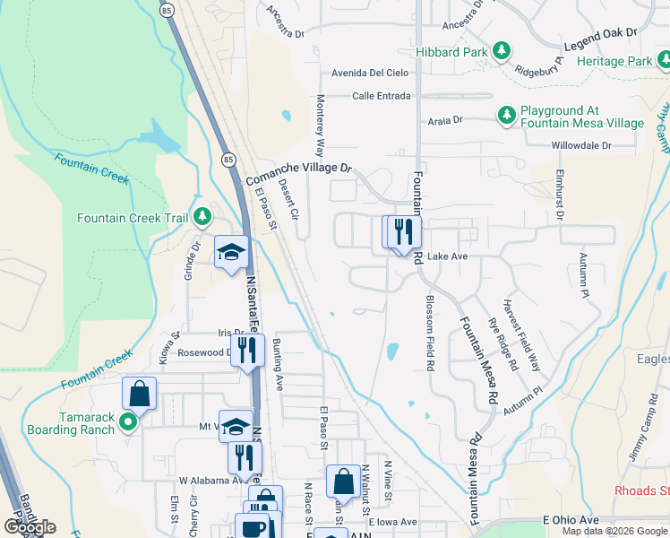 map of restaurants, bars, coffee shops, grocery stores, and more near 108 Mojave Way in Fountain