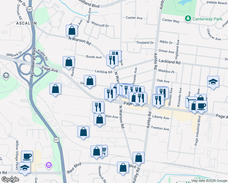 map of restaurants, bars, coffee shops, grocery stores, and more near 10715 Oak Avenue in St. Louis