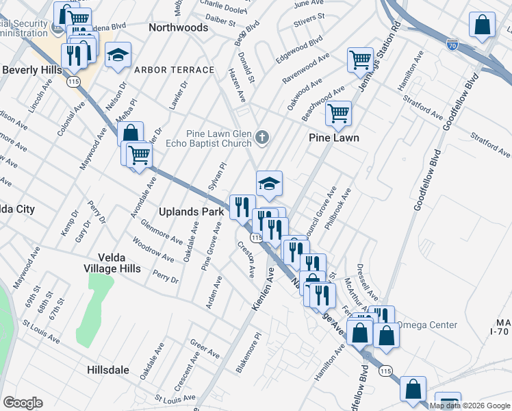 map of restaurants, bars, coffee shops, grocery stores, and more near 3729 Rossiter Avenue in St. Louis