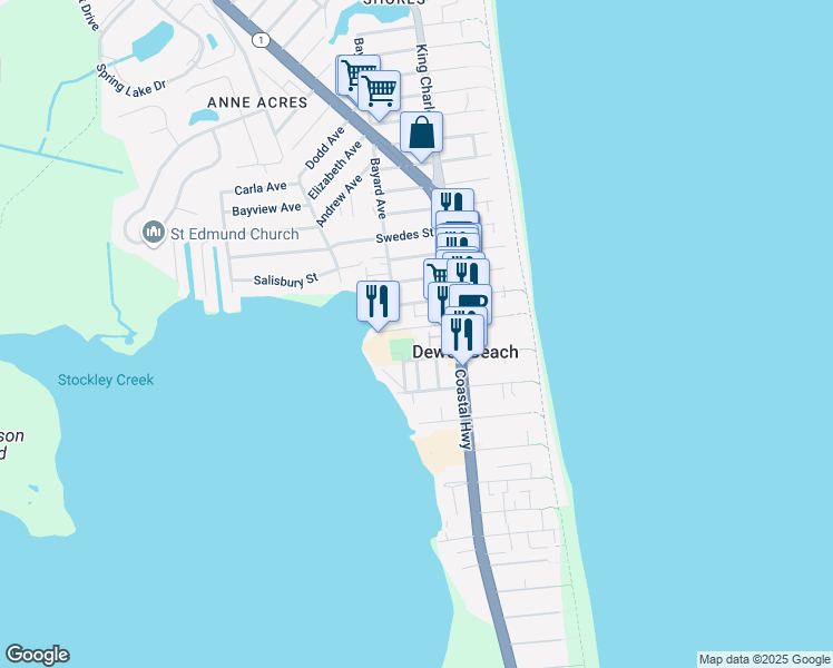 map of restaurants, bars, coffee shops, grocery stores, and more near 118 Dagsworthy Street in Dewey Beach