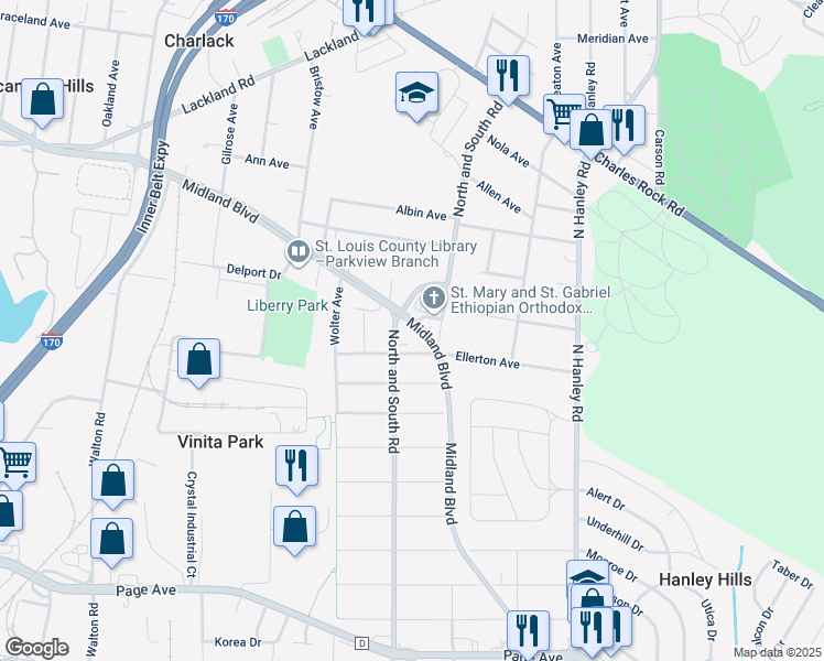 map of restaurants, bars, coffee shops, grocery stores, and more near 2221 Northbury Lane in St. Louis