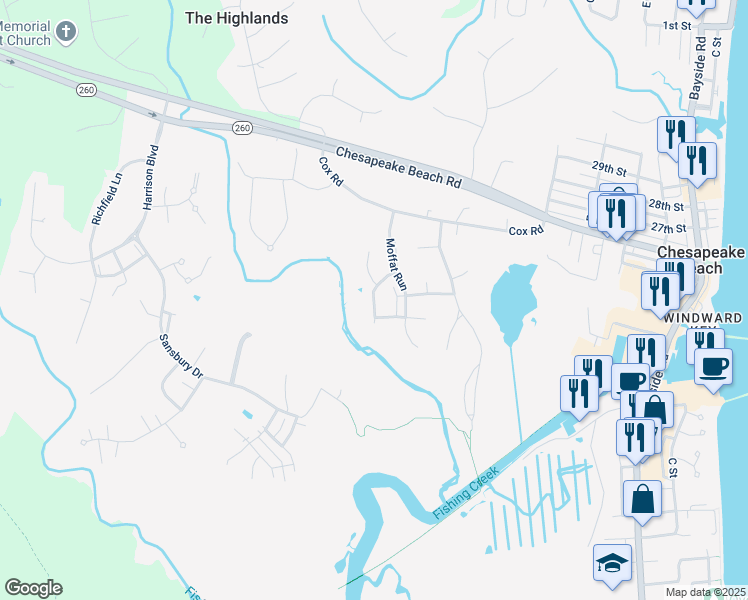 map of restaurants, bars, coffee shops, grocery stores, and more near Silverton Lane in Chesapeake Beach