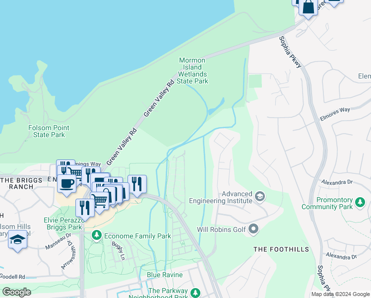 map of restaurants, bars, coffee shops, grocery stores, and more near 2304 Esplanade Circle in Folsom