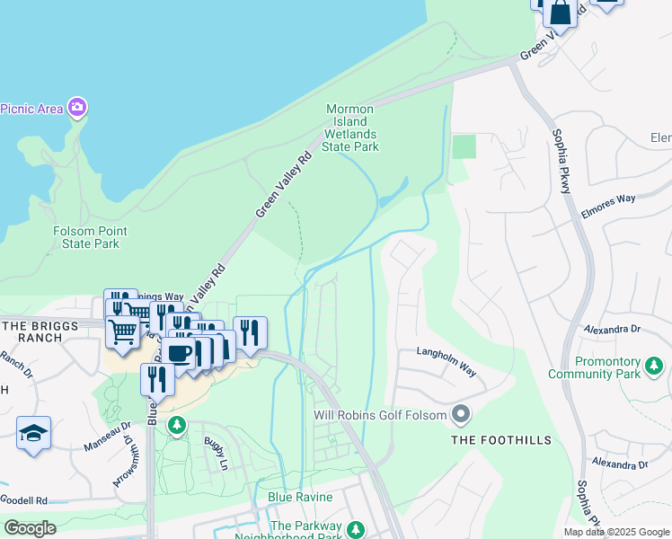 map of restaurants, bars, coffee shops, grocery stores, and more near 2304 Esplanade Circle in Folsom