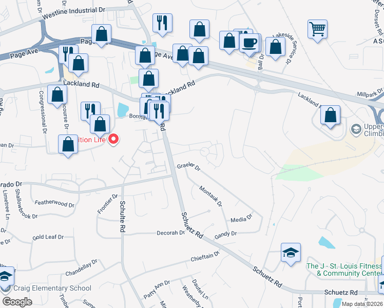 map of restaurants, bars, coffee shops, grocery stores, and more near 11563 Tivoli Lane in St. Louis