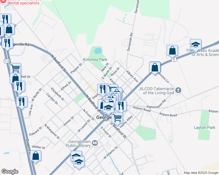 map of restaurants, bars, coffee shops, grocery stores, and more near North Railroad Avenue in Georgetown