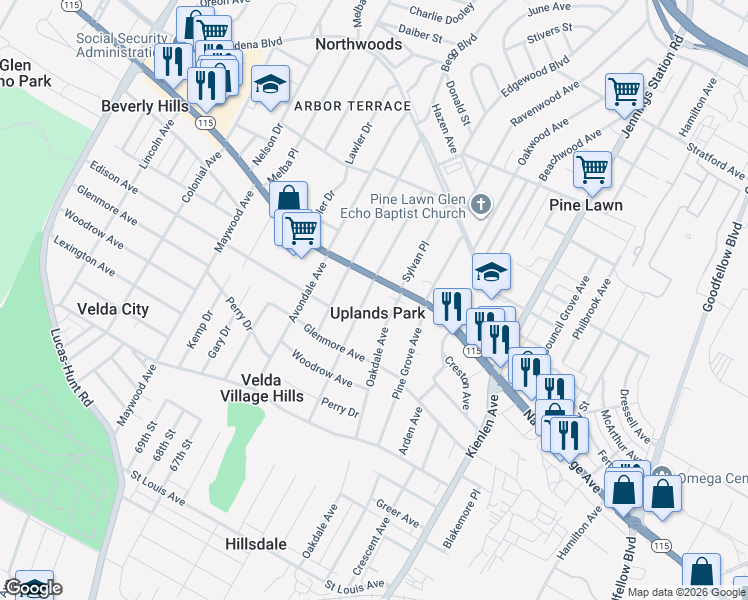map of restaurants, bars, coffee shops, grocery stores, and more near 3650 Ridgedale Avenue in St. Louis