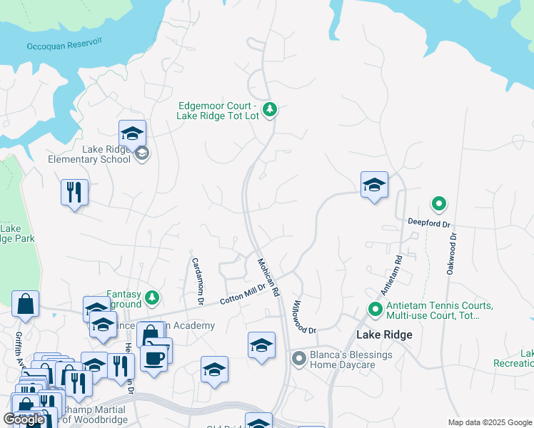 map of restaurants, bars, coffee shops, grocery stores, and more near 3145 Ironhorse Drive in Woodbridge