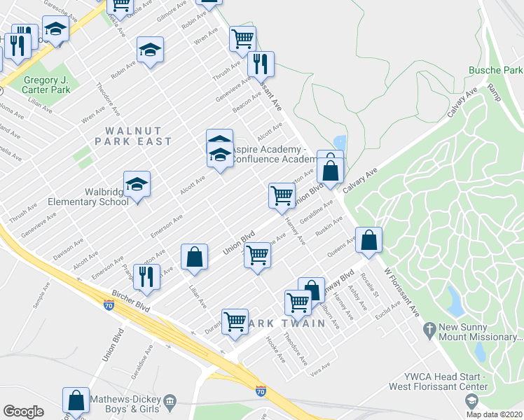 map of restaurants, bars, coffee shops, grocery stores, and more near 5364 Claxton Avenue in St. Louis