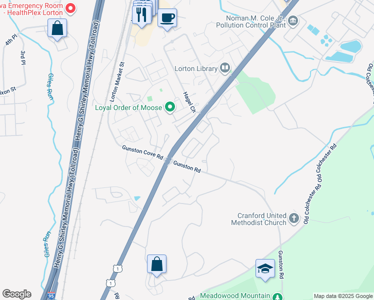 map of restaurants, bars, coffee shops, grocery stores, and more near 7886 Cranford Farm Circle in Lorton