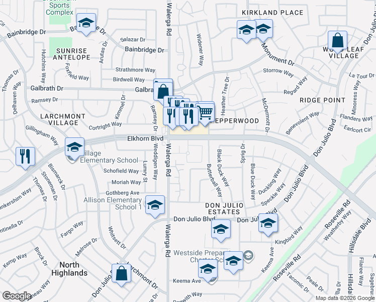 map of restaurants, bars, coffee shops, grocery stores, and more near 83 Elkhorn Boulevard in Sacramento