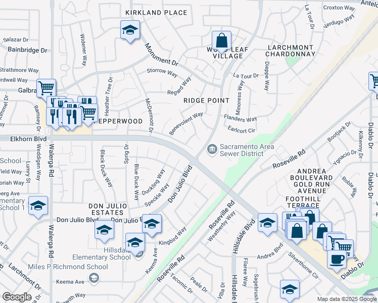 map of restaurants, bars, coffee shops, grocery stores, and more near 4828 Propitious Court in Sacramento