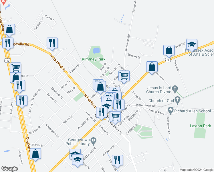 map of restaurants, bars, coffee shops, grocery stores, and more near North Railroad Avenue in Georgetown