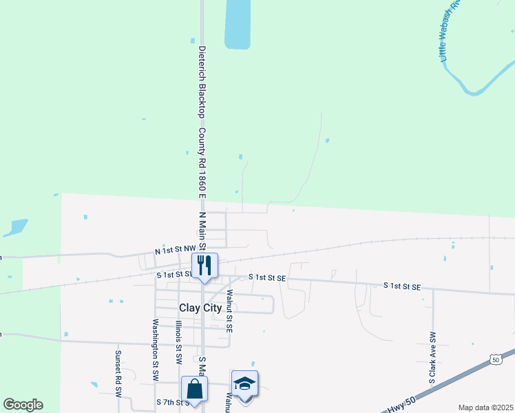 map of restaurants, bars, coffee shops, grocery stores, and more near 344 North 3rd Street Northeast in Clay City