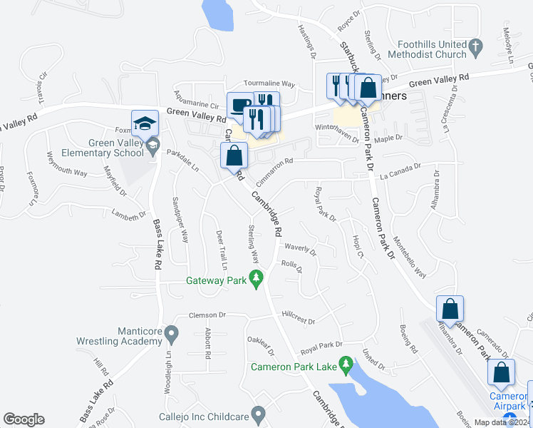 map of restaurants, bars, coffee shops, grocery stores, and more near 2706 Cambridge Road in Cameron Park