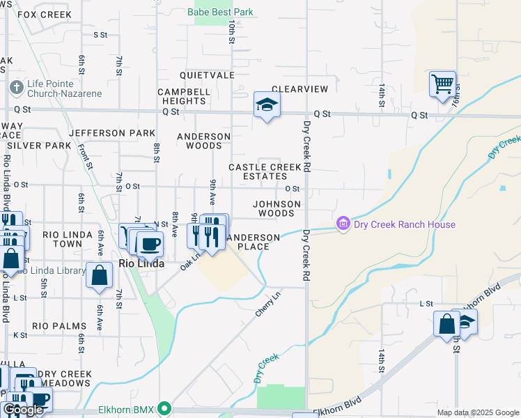 map of restaurants, bars, coffee shops, grocery stores, and more near 1032 Fallon Place Court in Rio Linda
