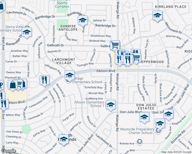 map of restaurants, bars, coffee shops, grocery stores, and more near Sloan Drive in North Highlands