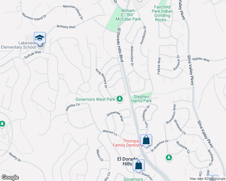 map of restaurants, bars, coffee shops, grocery stores, and more near 945 King George Way in El Dorado Hills
