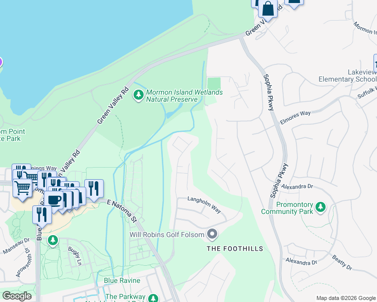 map of restaurants, bars, coffee shops, grocery stores, and more near 1760 Dornie Circle in Folsom