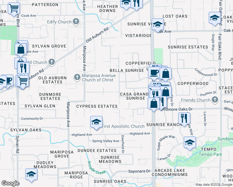 map of restaurants, bars, coffee shops, grocery stores, and more near 7015 Larkspur Avenue in Citrus Heights