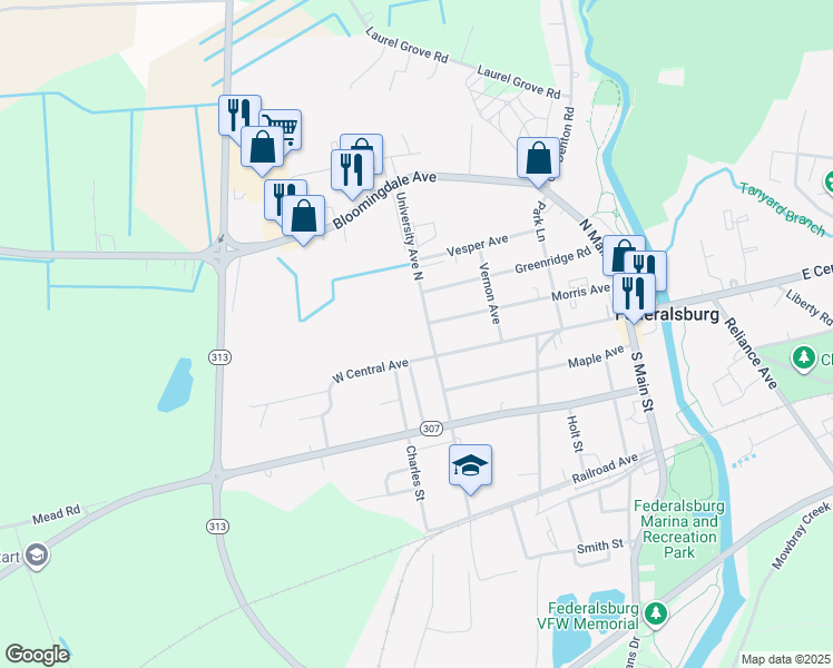 map of restaurants, bars, coffee shops, grocery stores, and more near 106 University Avenue North in Federalsburg