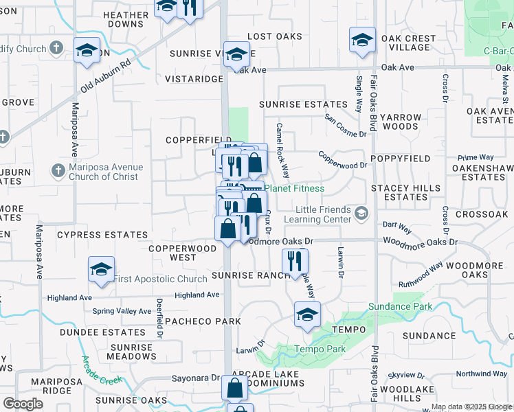 map of restaurants, bars, coffee shops, grocery stores, and more near 7016 Sunrise Boulevard in Citrus Heights