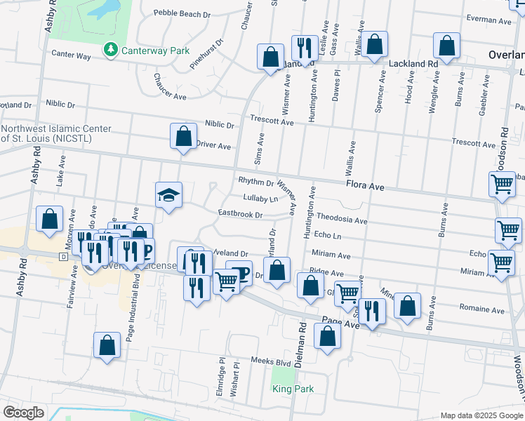map of restaurants, bars, coffee shops, grocery stores, and more near 9819 Eastbrook Drive in Overland