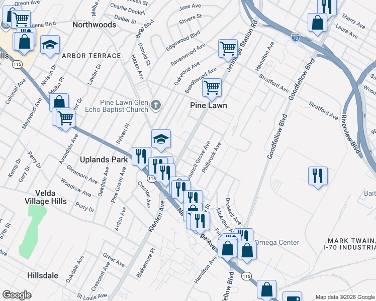 map of restaurants, bars, coffee shops, grocery stores, and more near 6113 Charlotte Avenue in St. Louis