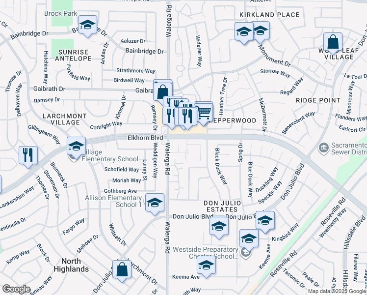 map of restaurants, bars, coffee shops, grocery stores, and more near 4400 Elkhorn Boulevard in Sacramento