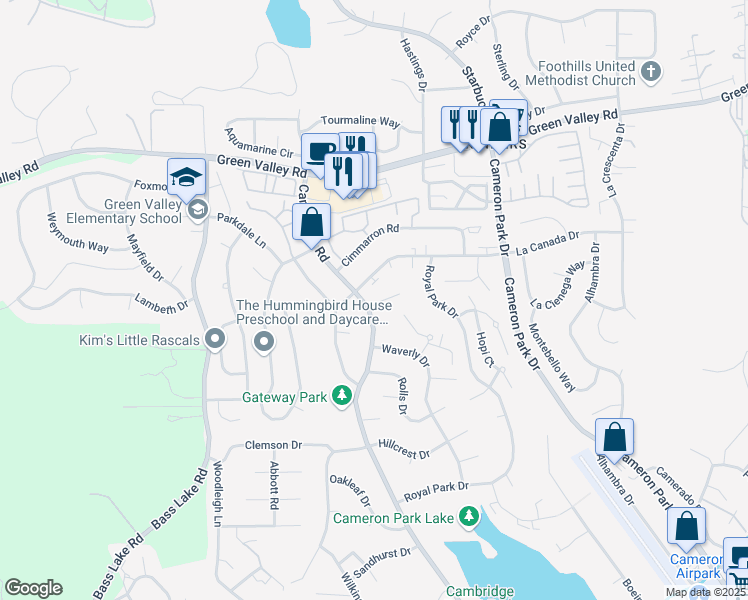 map of restaurants, bars, coffee shops, grocery stores, and more near 2731 Cambridge Road in Cameron Park