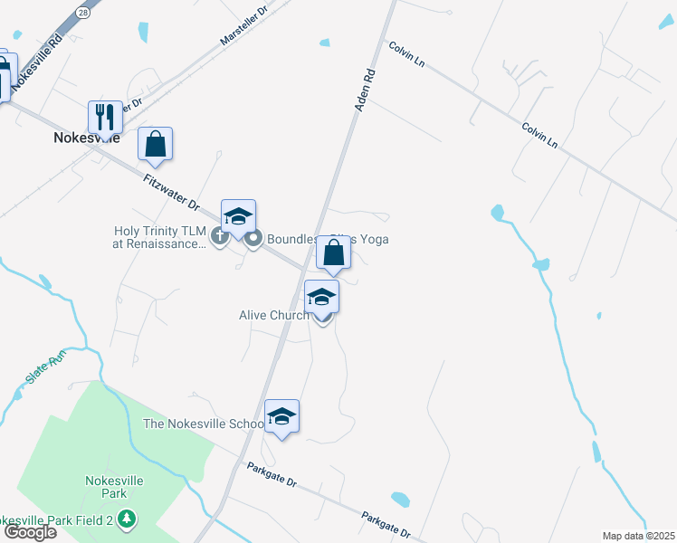 map of restaurants, bars, coffee shops, grocery stores, and more near 12009 Aden Road in Nokesville