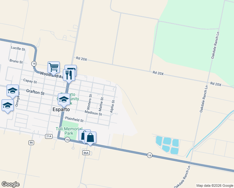 map of restaurants, bars, coffee shops, grocery stores, and more near 16876 Alpha Street in Esparto