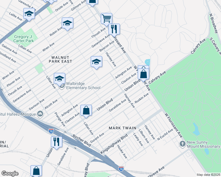 map of restaurants, bars, coffee shops, grocery stores, and more near 5346 Arlington Avenue in St. Louis