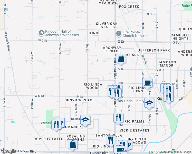 map of restaurants, bars, coffee shops, grocery stores, and more near 6908 Shady Woods Way in Rio Linda