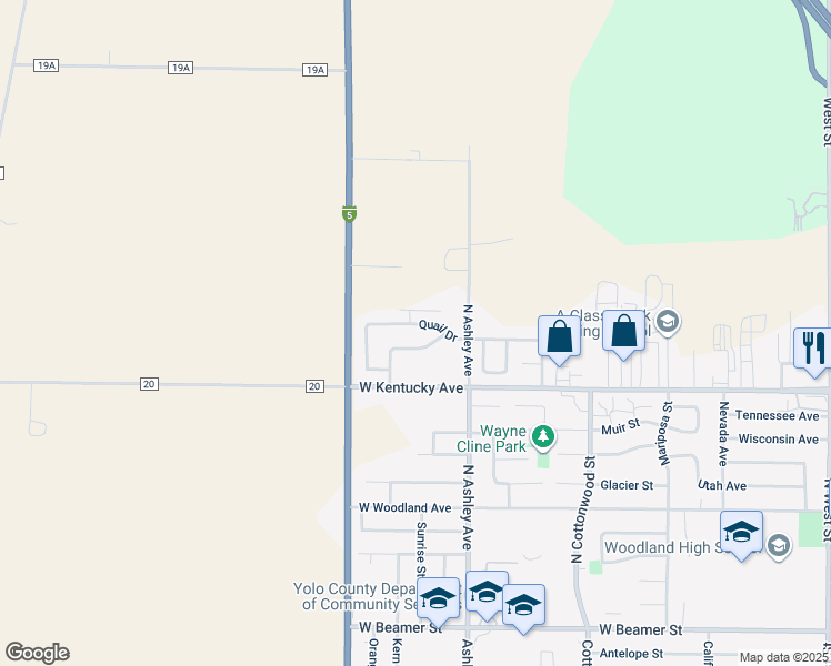 map of restaurants, bars, coffee shops, grocery stores, and more near 351 Quail Drive in Woodland