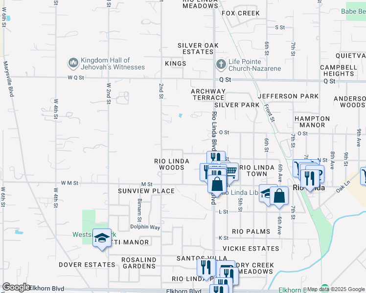 map of restaurants, bars, coffee shops, grocery stores, and more near 6908 Shady Woods Way in Rio Linda