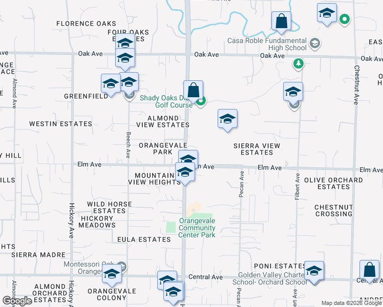 map of restaurants, bars, coffee shops, grocery stores, and more near 7025 Hazel Avenue in Orangevale
